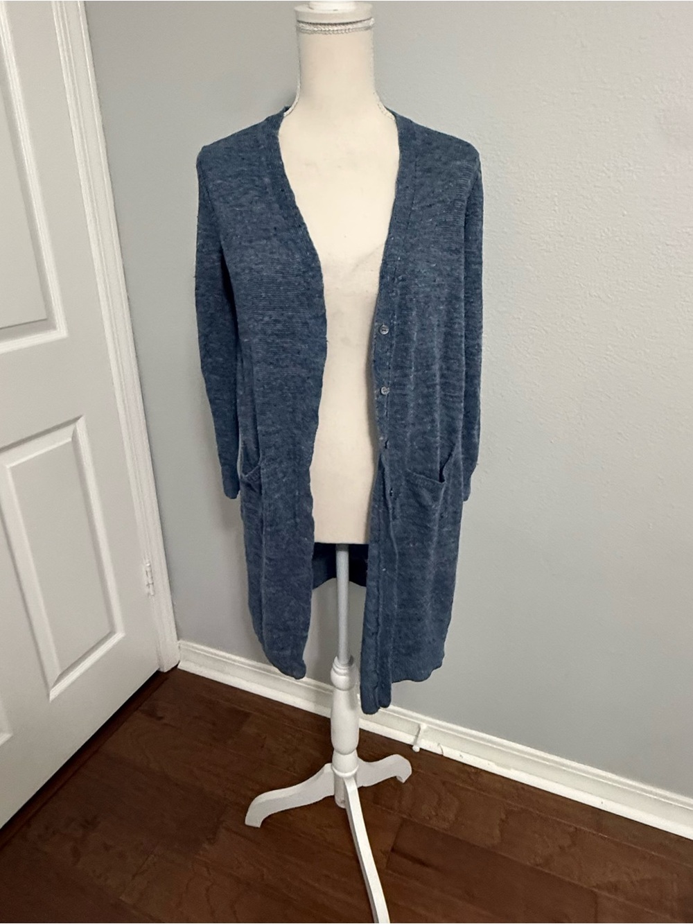 Eileen Fisher Blue Italian Yarn Longline Button Front Cardigan Sweater M